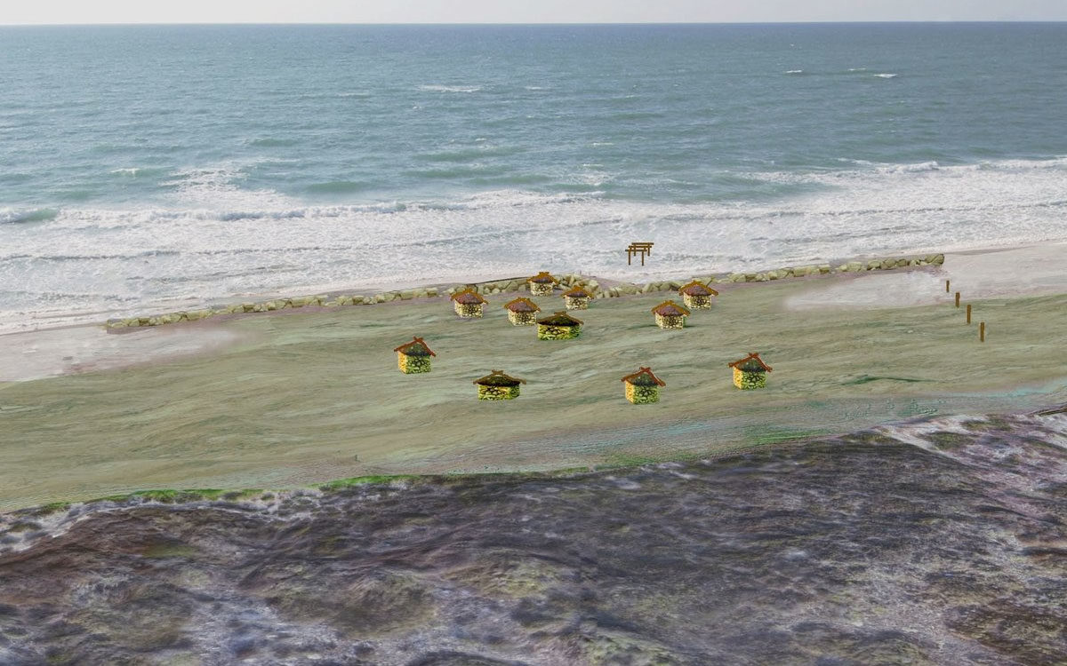 Καλλιτεχνική απεικόνιση του αρχαίου χωριού και του αναχώματος στο Τελ Χρέιζ του Ισραήλ. Φωτ.: John McCarthy - Ehud Galili.
