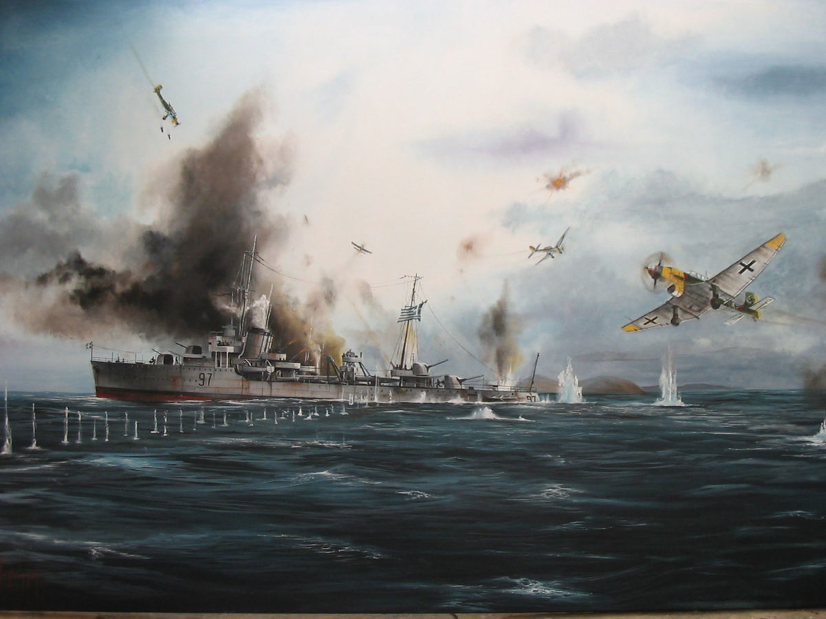 Το αντιτορπιλικό «Ύδρα». Ζωγραφική αναπαράσταση (φωτ.: ΑΠΕ-ΜΠΕ / Planet Blue-Κώστας Θωκταρίδης).