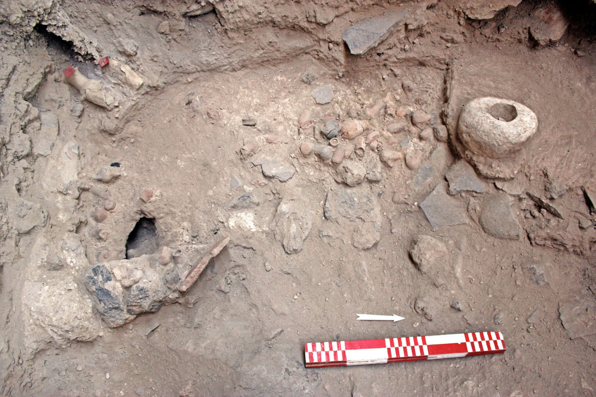 Εικ. 12. Μία από τις δύο συστάδες μικκύλων πρωτοκυκλαδικών αγγείων που αποκαλύφθηκαν στο νοτιοδυτικό τμήμα του Χώρου 2 (φωτ.: ΥΠΠΟΑ).