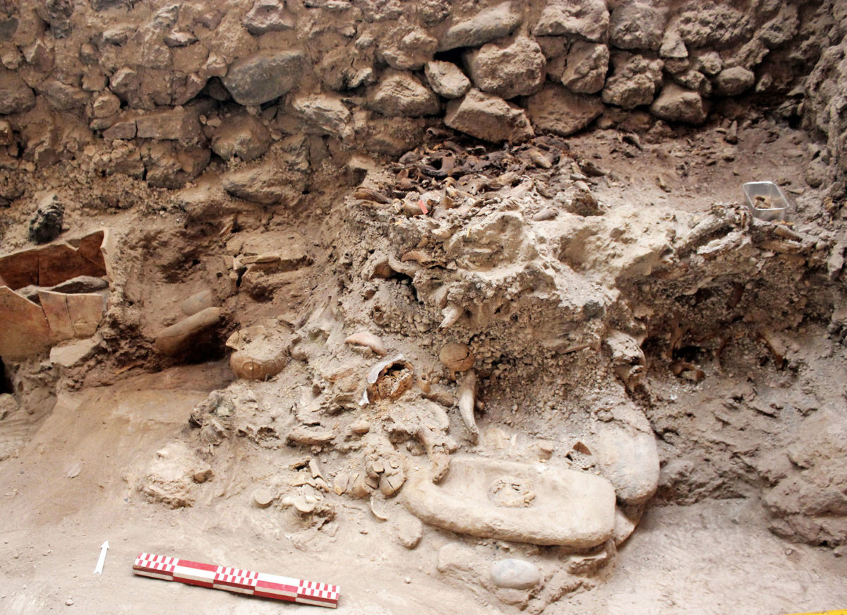 Εικ. 9. «Οικία των Θρανίων», Χώρος 2. Στη βάση της εσχάρας, ανάμικτα με κέρατα, βρέθηκαν λίθινα εργαλεία και σκεύη (φωτ.: ΥΠΠΟΑ).