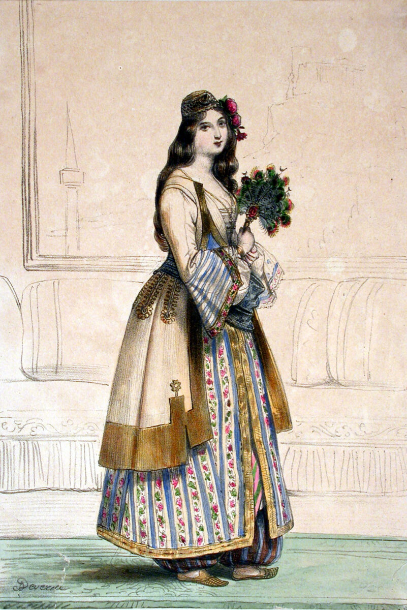 Achille Devéria, Ελληνίδα με παραδοσιακή ενδυμασία. Έγχρωμη λιθογραφία (φωτ.: ΑΠΕ-ΜΠΕ).