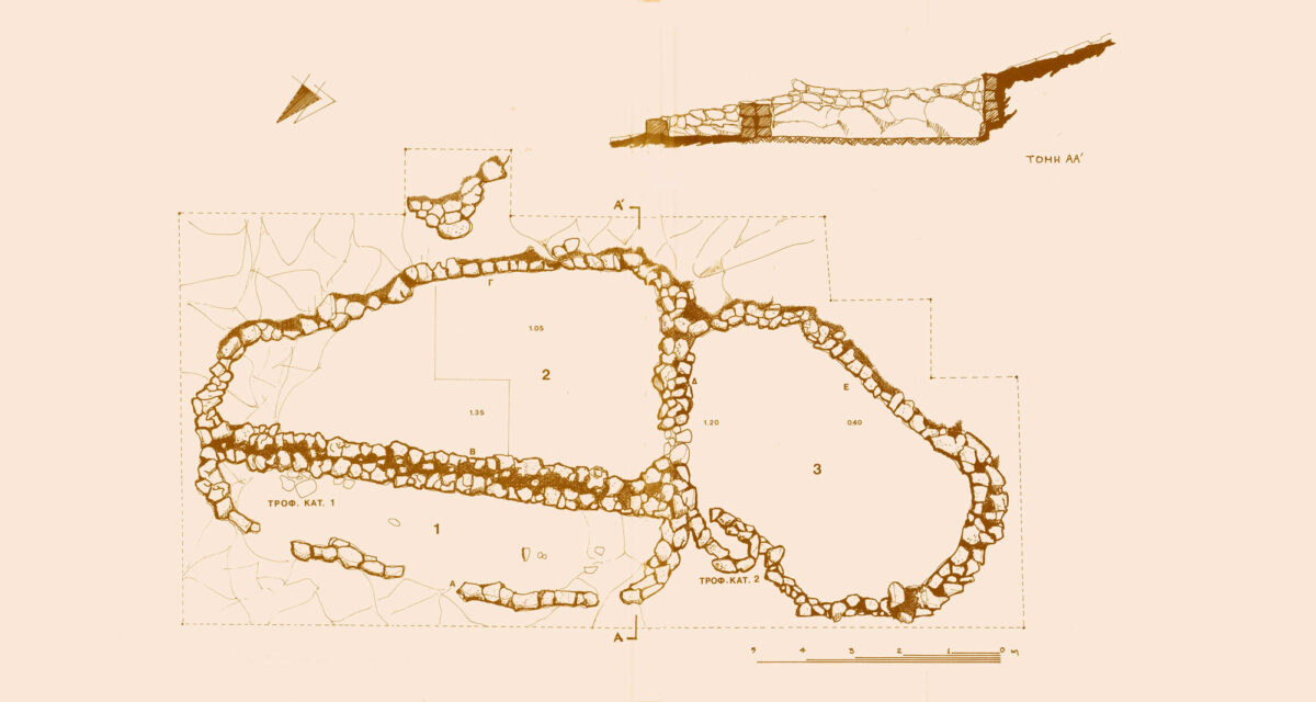 Κάτοψη του νεολιθικού κτηρίου στη νησίδα Γυαλί, όπως έχει δημοσιευθεί (πηγή εικόνας: Σύλλογος Ελλήνων Αρχαιολόγων).