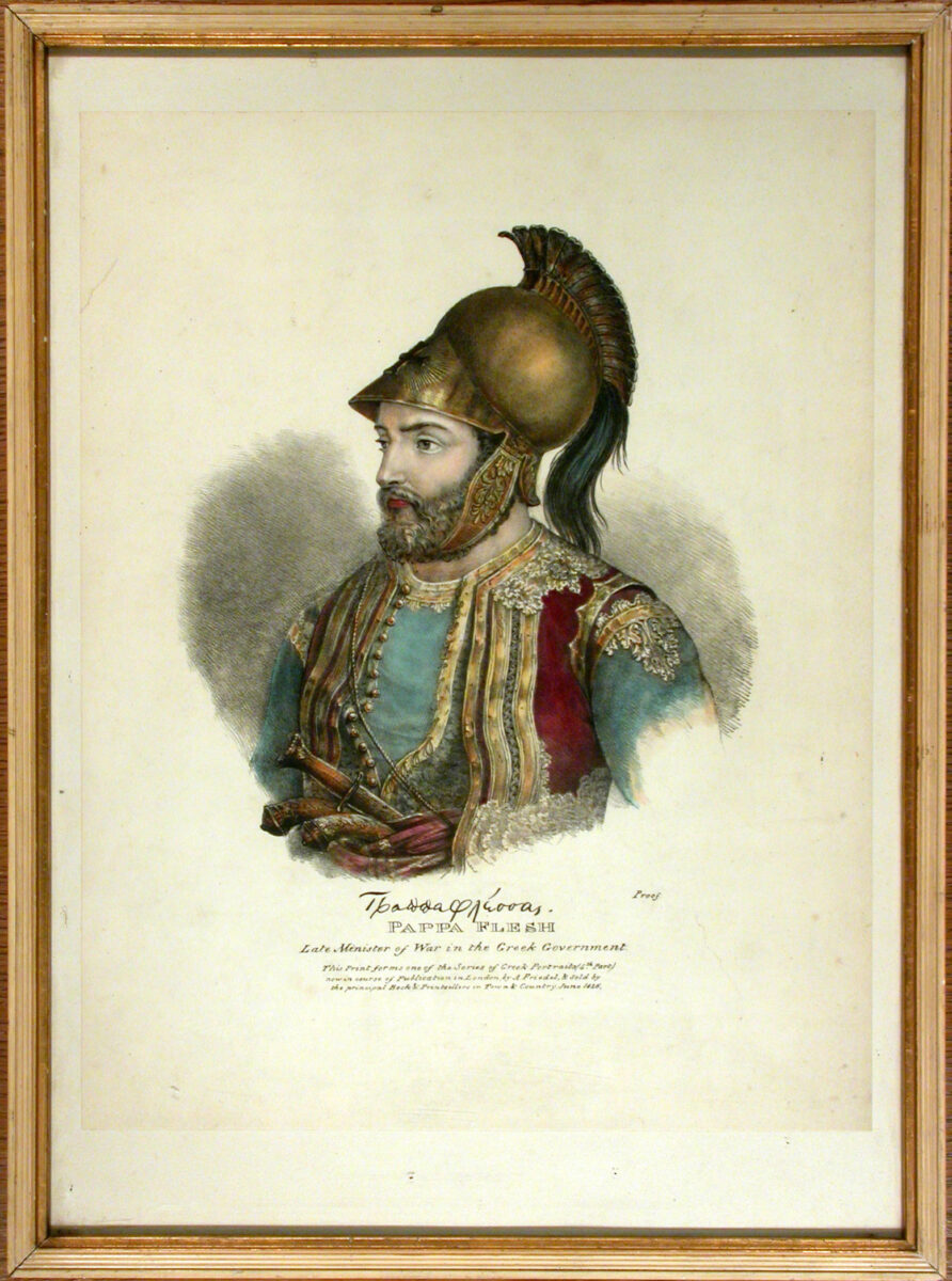 Προσωπογραφία του Παπαφλέσσα, με υπογραφή του αγωνιστή. Λιθογραφία αγνώστου, Λονδίνο 1826 (φωτ.: ΑΠΕ-ΜΠΕ).