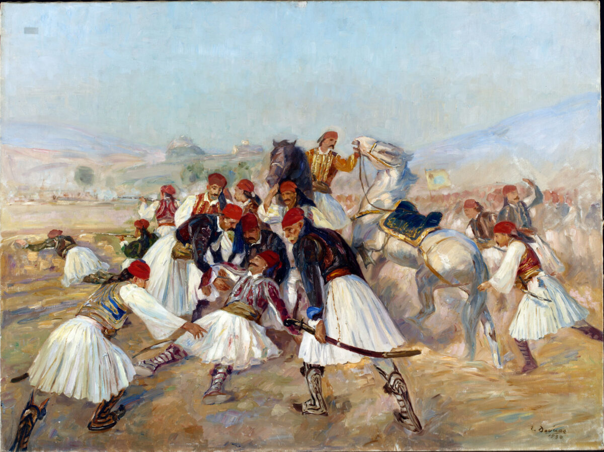 Έκτορας Δούκας (1885-1969), «Ο θάνατος του Καραϊσκάκη», 1930, λάδι σε καμβά, 105×140 εκ. Τράπεζα της Ελλάδος, Αρ. Συλλογής: 387.