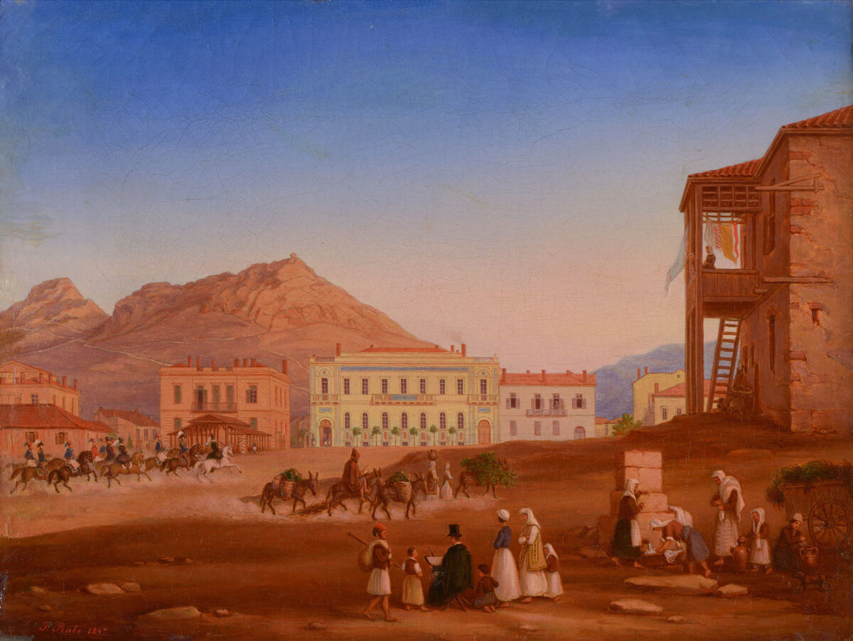Johannes Rabe (1821 ή 1827-1894), «Η πλατεία Κοτζιά», Αθήνα, 1847, λάδι σε μουσαμά, 32,5×42,5 εκ. Εθνική Τράπεζα της Ελλάδος Α.Ε.