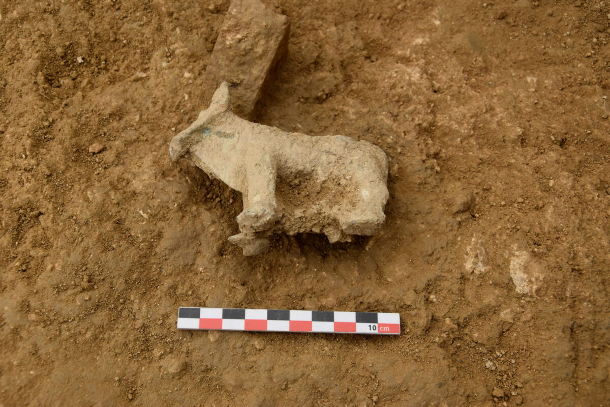 Χάλκινο ειδώλιο ταύρου από τον αποθέτη του υστεροαρχαϊκού ναού της Αμαρυσίας Αρτέμιδος στην Αμάρυνθο (φωτ.: ΥΠΠΟΑ).