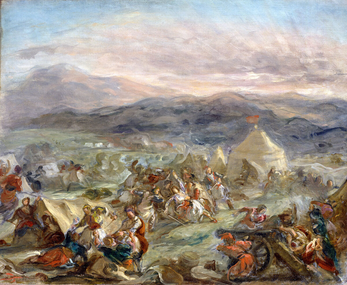 Eugène Delacroix, «O Μπότσαρης αιφνιδιάζει το στρατόπεδο των Τούρκων και τραυματίζεται θανάσιμα», 1860-1862. Λάδι σε καμβά, 65x73 εκ. Toledo Museum of Art (Ohio, USA), 1994.36. Αγοράστηκε με χορηγία της Δωρεάς Libbey, του Edward Drummond Libbey, και με χορηγίες του κληροδοτήματος της Florence Scott Libbey, στη μνήμη του πατέρα της, Maurice A. Scott.