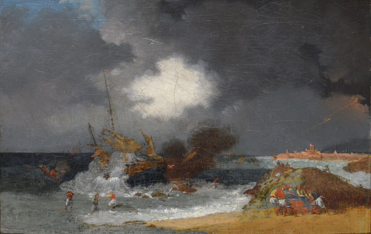 Horace Vernet (1789-1863), «Τουρκικό πλοίο καίγεται», 1821. Λάδι σε καμβά, 20,5x39 εκ. Μουσείο Μπενάκη (8992).