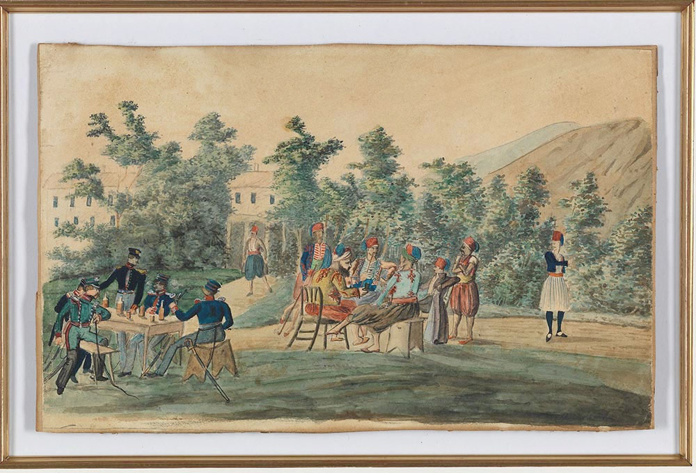 Ludwig Köllnberger, «Έλληνες και Βαυαροί στρατιώτες σε ώρα ανάπαυλας», 1834. Υδατογραφία σε καφετί χαρτί, επικολλημένη σε χαρτόνι, 15x17,5 εκ. Συλλογή Τίνας και Μιχάλη Κρασάκη.