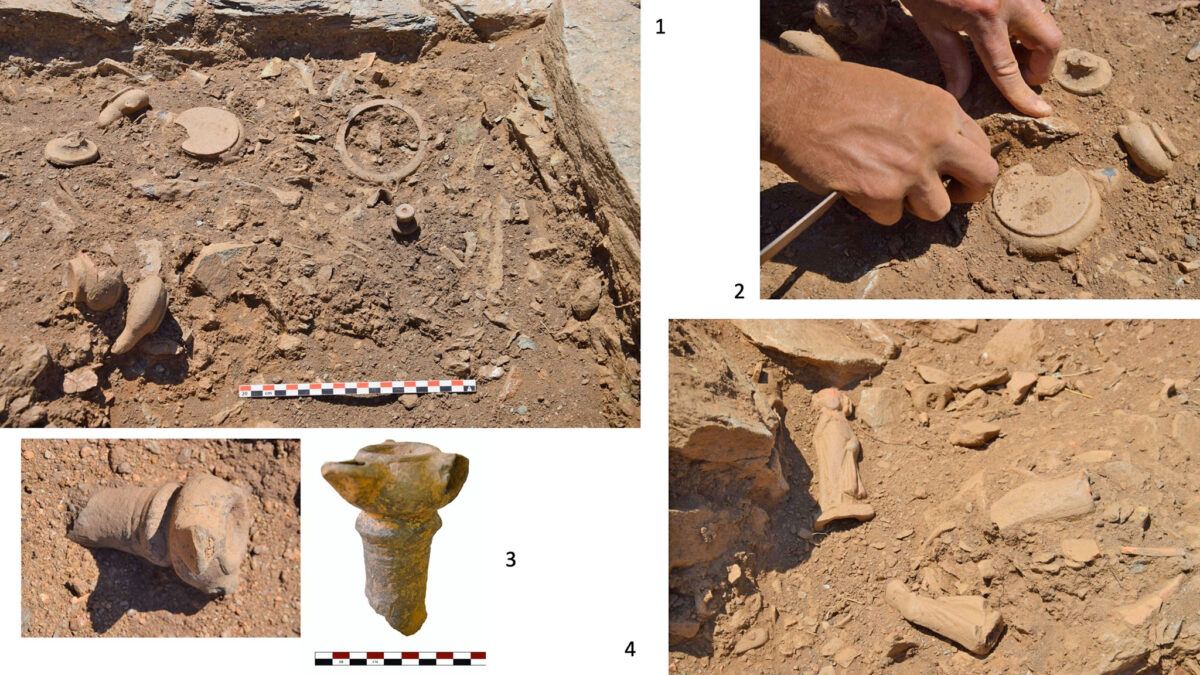 Εικ. 6. 1-2: Στρώμα αναθημάτων (λύχνοι, ειδώλια, κοσμήματα) πλησίον της εισόδου του Κτιρίου 5. 3: Τρίμυξος λύχνος με λυχνοστάτη από το Κτίριο 5 (κατά χώραν και μετά τη συντήρηση). 4: «Αποθέτης». Πήλινα παιδικά ειδώλια κατά χώραν.