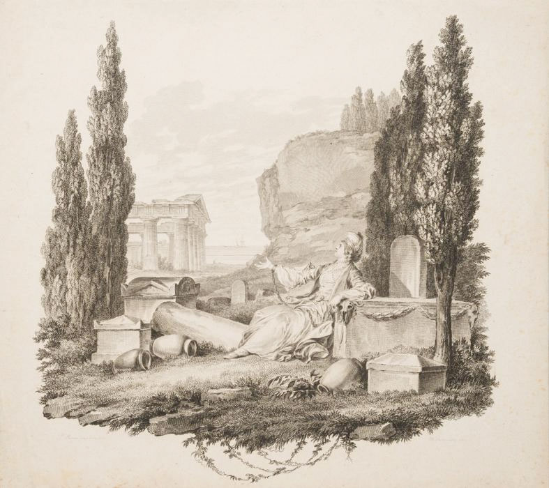 Marie-Gabriel-Florent-Auguste de Choiseul Gouffier, «Voyage pittoresque de la Grèce» (Εικονογραφημένη περιήγηση της Ελλάδας), τόμ. 1, Παρίσι 1782. Στo χαρακτικό της σελίδας τίτλου η Ελλάδα αλυσοδεμένη ανάμεσα σε αρχαία ερείπια. Συλλογή Δ.Στεργιούλα.