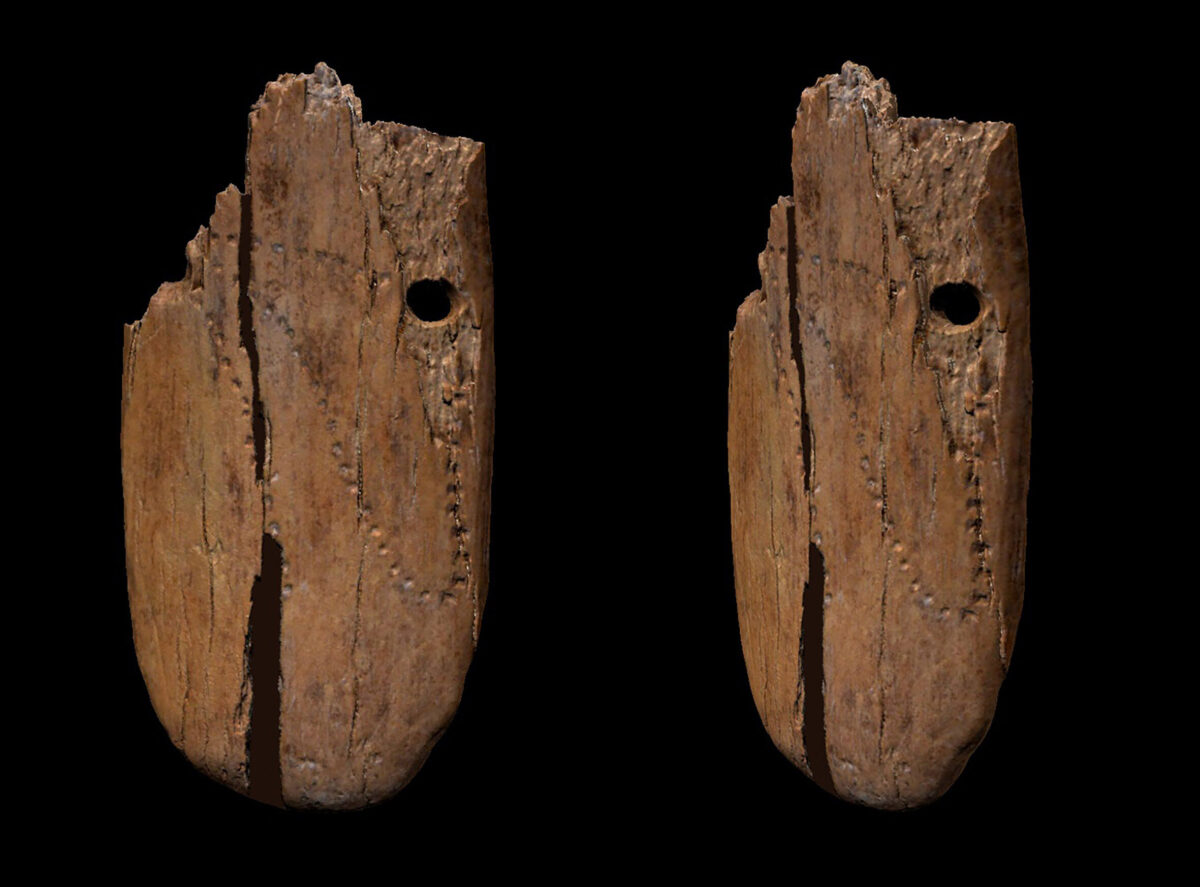 Σκαλισμένο κρεμαστό στολίδι από χαυλιόδοντα μαμούθ, με οβάλ σχήμα, το οποίο χρονολογείται προ περίπου 41.500 ετών και βρέθηκε στο σπήλαιο Stajnia της Πολωνίας (φωτ.: Antonino Vazzana).