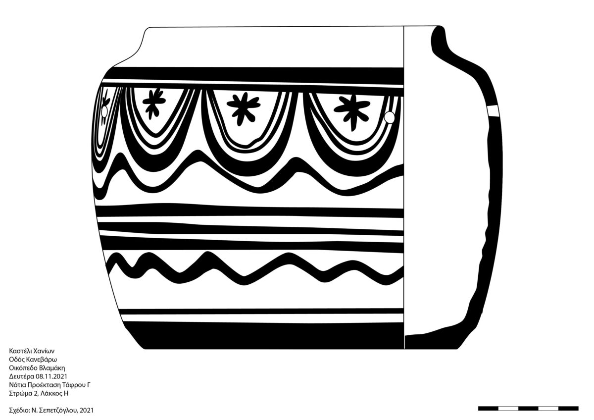 Εικ. 14. Ανασκαφή στην οδό Κανεβάρω και Σκορδιλών (οικόπεδο Λιονάκη-Βλαμάκη). Χαρακτηριστική κεραμική του 14ου αι. π.Χ. (τέλος Υστερομινωικής ΙΙΙΑ1 περιόδου).