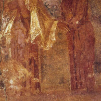 Τοιχογραφία της Οικίας των Ηθοποιών στην οποία απεικονίζονται δύο ηθοποιοί με κοστούμια στους ρόλους του Οιδίποδα και της Αντιγόνης (© EFA).