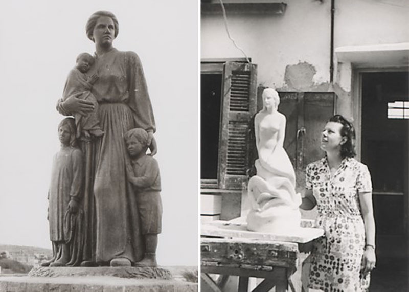 Αριστερά: «Μικρασιάτισσα Μάνα», 1984, Επάνω Σκάλα Μυτιλήνη. Χαλκός, 2,60x1,27x0,97 μ. Δεξιά: Η Κατερίνα Χαλεπά με το έργο της «Η Κυρά της Θάλασσας», 1970.