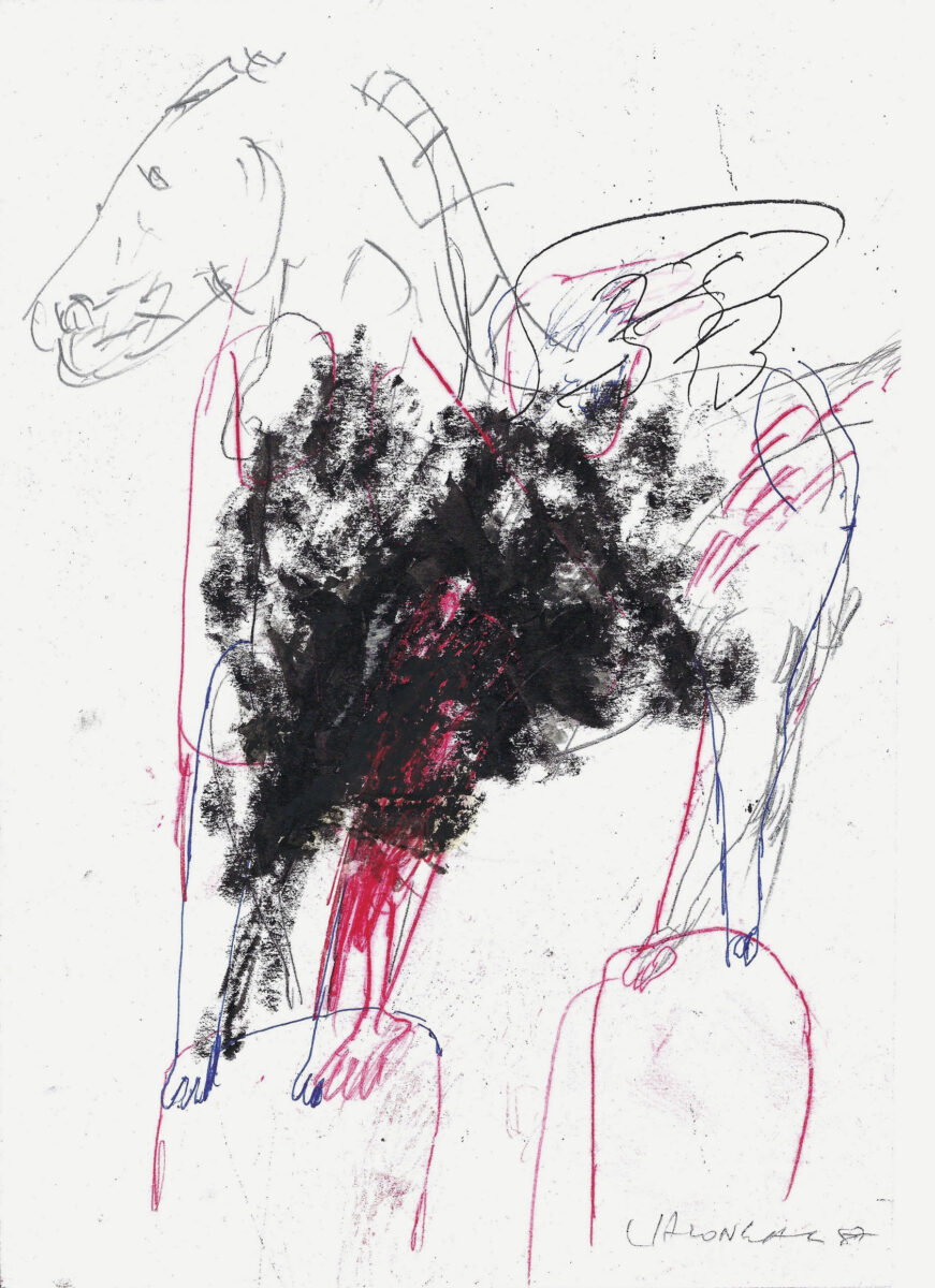 Σχέδιο 1987. «Με τον Πήγασο διασώζεις το Μύθο, με τον Δούρειο Ίππο κερδίζεις την Τροία, με τον Βουκεφάλα φθάνεις στην άκρη του κόσμου. Το άλογο είναι το σύμβολο της πόλης μου». © Γιώργος Λαζόγκας.