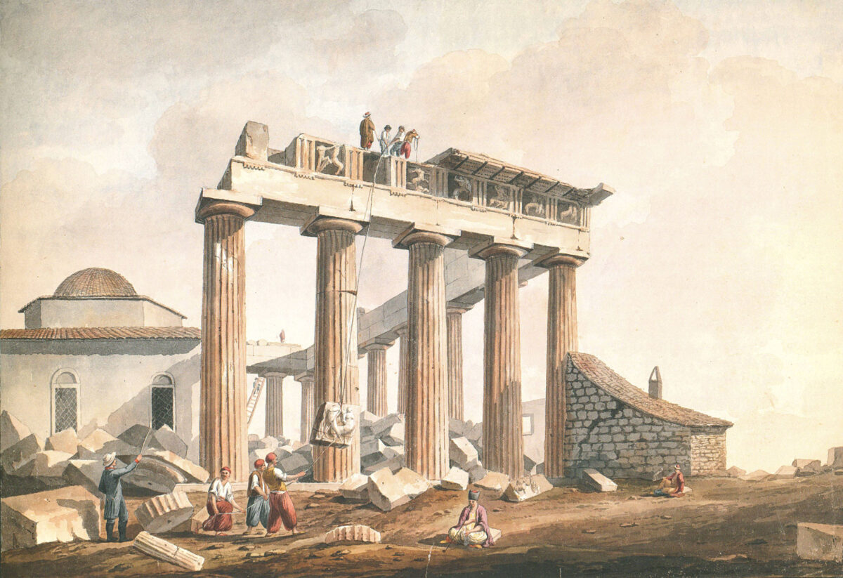 Η αφαίρεση της νότιας μετόπης 27 του Παρθενώνα από τα συνεργεία του Elgin. Ανυπόγραφη υδατογραφία του 1805, βασισμένη σε σχέδιο του E. Dodwell του 1801.