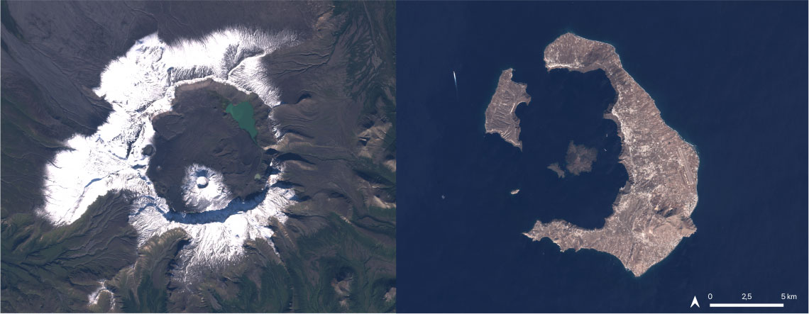 Οι κρατήρες του ηφαιστείου Ανιακτσάκ ΙΙ στην Αλάσκα (αριστερά) και της Θήρας (δεξιά). Φωτ.: Helga Weber/University of Bern.