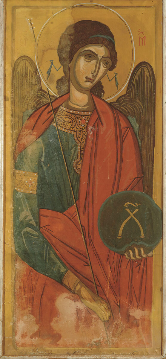 Σ. Παπαλουκάς, «Αρχάγγελος Μιχαήλ». Λάδι σε χαρτί craft επάνω σε καμβά. Πηγή εικόνας: Ιστορικό Αρχείο – Μουσείο Ύδρας.