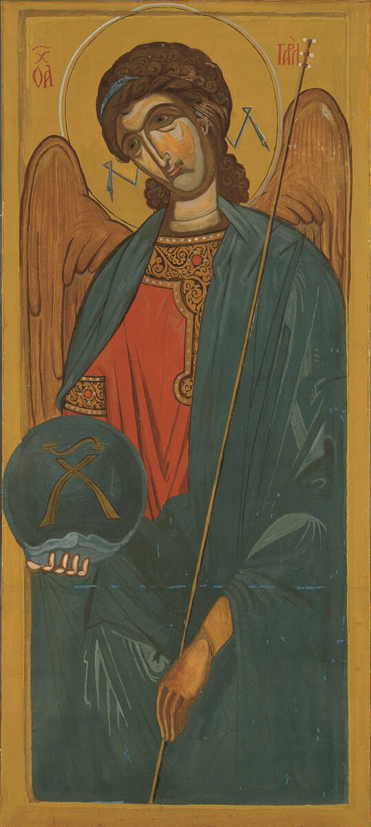 Σ. Παπαλουκάς, «Αρχάγγελος Γαβριήλ». Λάδι σε χαρτί craft επάνω σε καμβά. Πηγή εικόνας: Ιστορικό Αρχείο – Μουσείο Ύδρας.