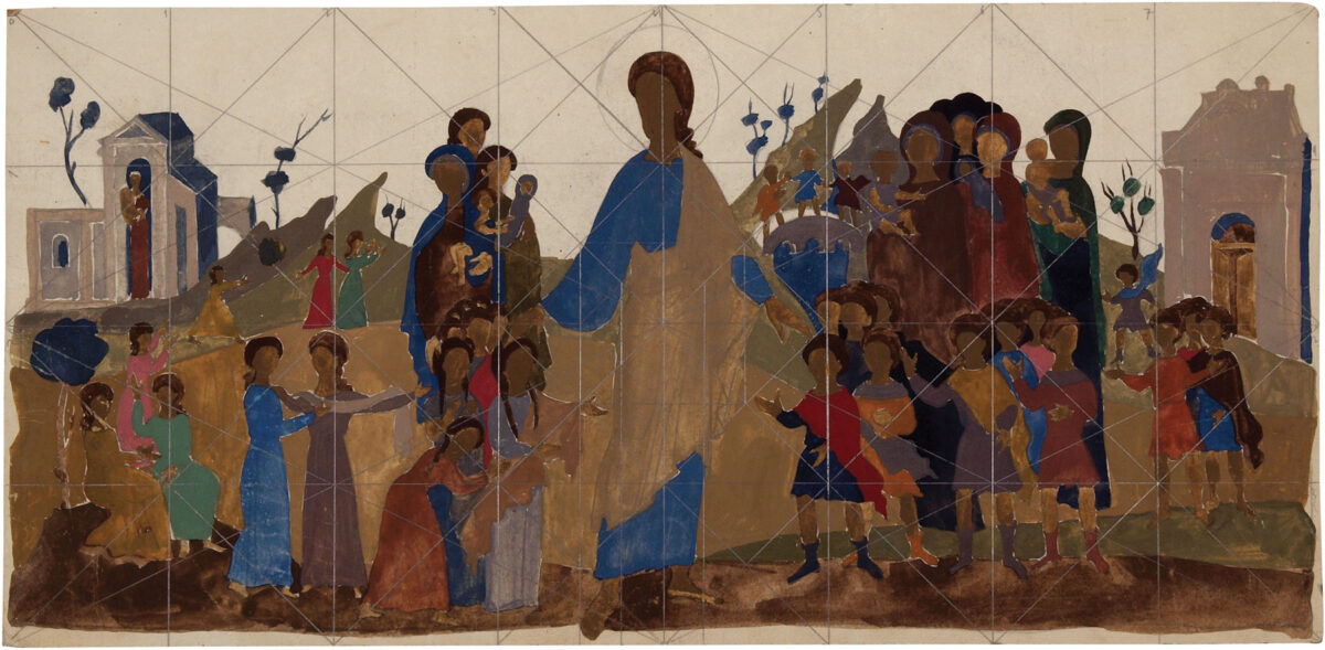 Σ. Βασιλείου, «Άφετε τα παιδία ελθείν προς με». Προσχέδιο για τοιχογραφία. Πηγή εικόνας: Ιστορικό Αρχείο – Μουσείο Ύδρας.