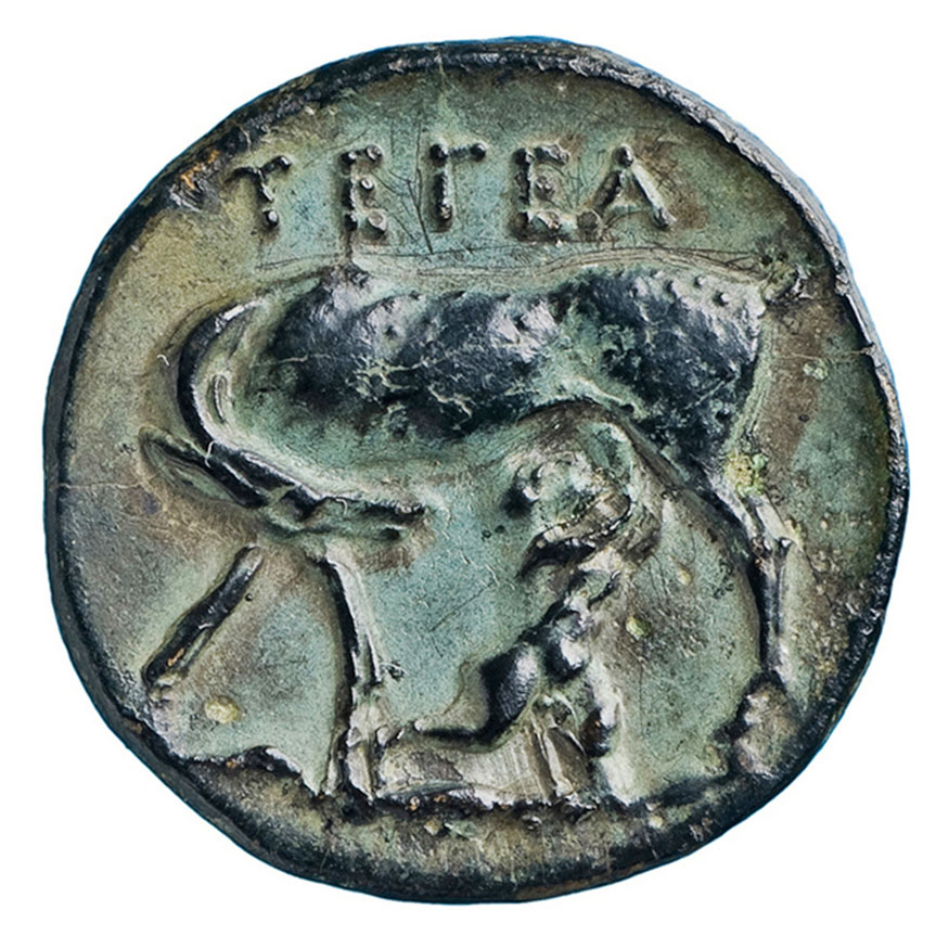 Χάλκινο νόμισμα, Τεγέα, περ. μέσα 3ου αιώνα π.Χ. Νομισματική Συλλογή ΚΙΚΠΕ. Ελαφίνα θηλάζει τον Τήλεφο ως βρέφος.