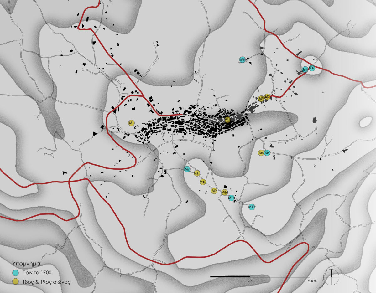 Χάρτης 2: Υποθέσεις περιόδων κατασκευής ανεμόμυλων Μεσσαριάς. Πηγή: Προσωπικό αρχείο.