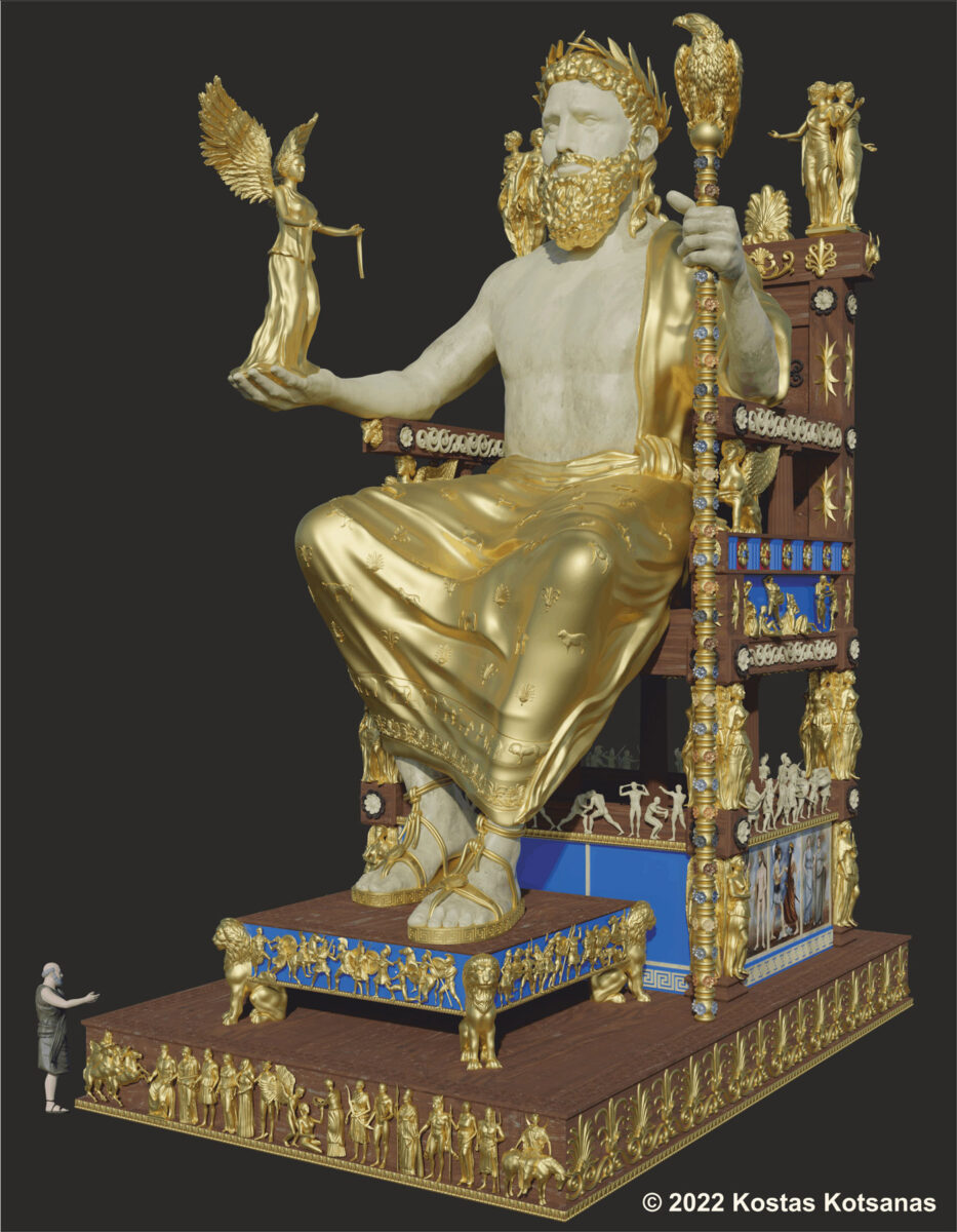 Ανακατασκευή του χρυσελεφάντινου αγάλματος του Δία. Πηγή εικόνας: Μουσείο Κοτσανά Αρχαίας Ελληνικής Τεχνολογίας.