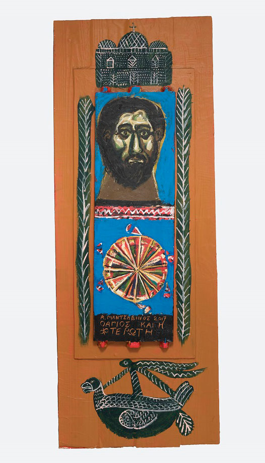 Τάσος Μαντζαβίνος, «Ο άγιος και η φτερωτή», 2017, ακρυλικό σε ξύλο (πηγή εικόνας: Βυζαντινό και Χριστιανικό Μουσείο).