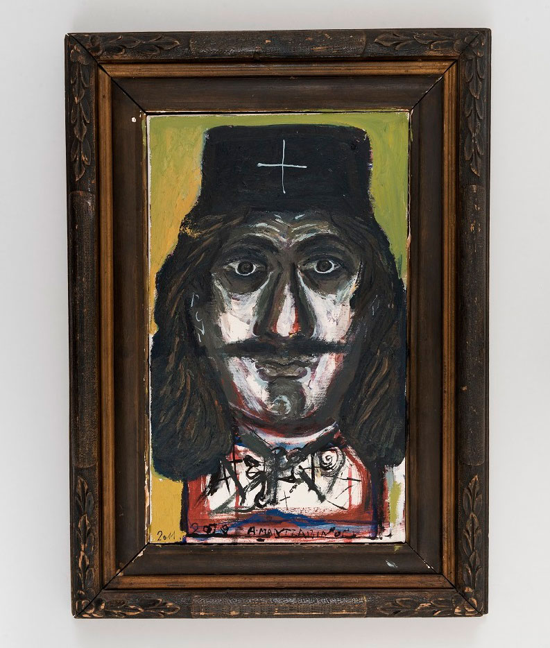 Τάσος Μαντζαβίνος, «Παπάς-πολεμιστής», 2011, ακρυλικό σε καμβά (πηγή εικόνας: Βυζαντινό και Χριστιανικό Μουσείο).