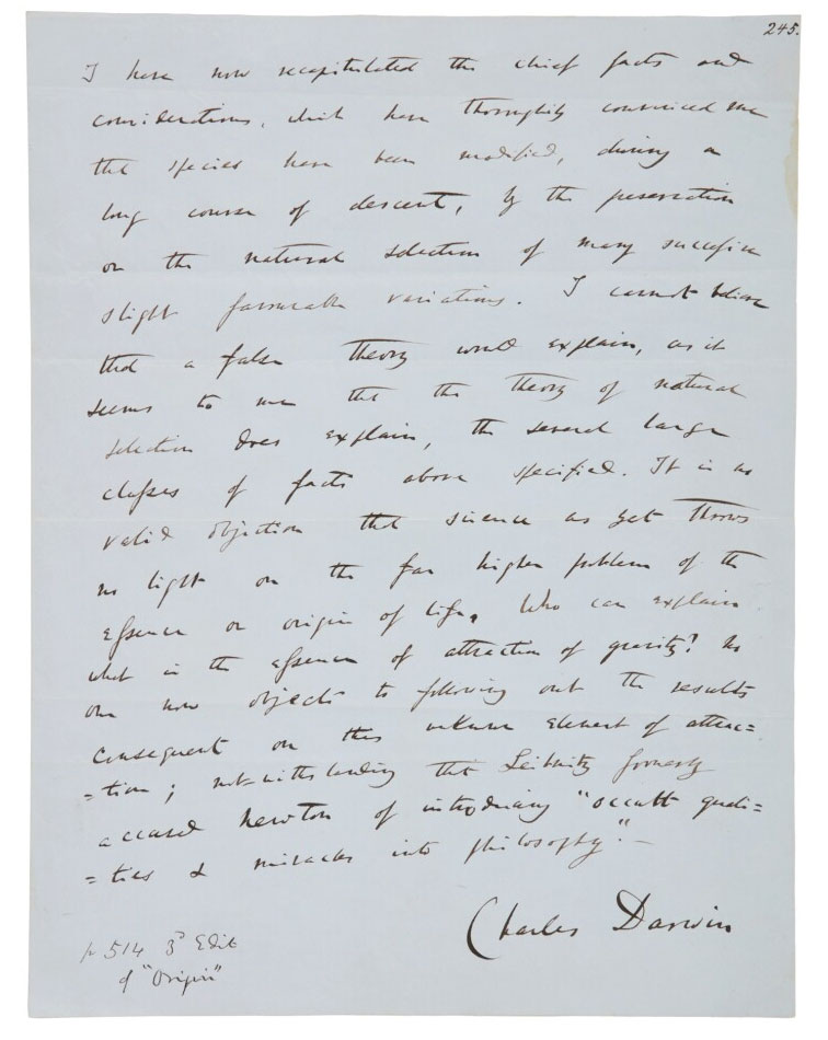 Το χειρόγραφο του Δαρβίνου που θα δημοπρατηθεί (φωτ.: Sotheby's).