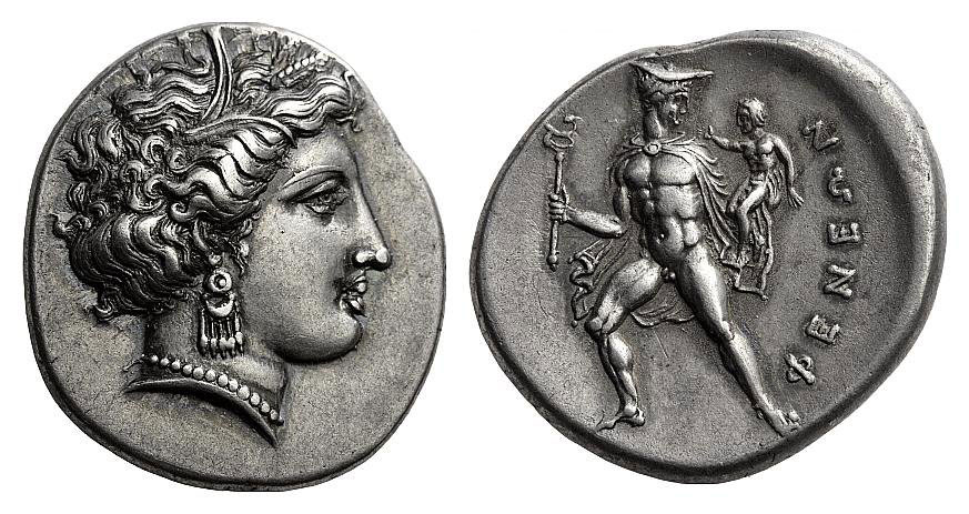 Νόμισμα του Φενεού. Απεικονίζεται ο Ερμής να κρατά τον Αρκά. Νομισματικό Μουσείο, Αθήνα.