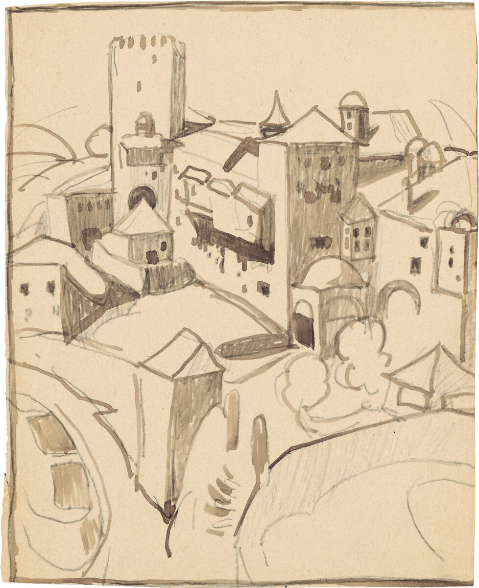 Μονή Παντοκράτορος, 1923-1924, μελάνι και μολύβι σε χαρτί, 18,8x15,2 εκ. Τ.Ι.Τ. 2021.075. Συλλογή Έργων Τέχνης Τελλογλείου Ιδρύματος.