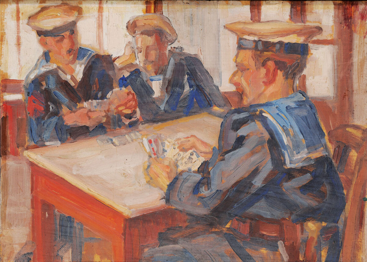 Περικλής Βυζάντιος, «Ναύτες παίζουν χαρτιά στο καφενείο», 1920-1921, λάδι σε ξύλο, 33x23 εκ. Συλλογή ΕΙΜ.
