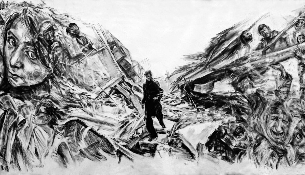 Χρήστος Αλαβέρας, «Βαδίζοντας ανάμεσα», κάρβουνο σε χαρτί, 795x220 εκ., 2022 (λεπτομέρεια).