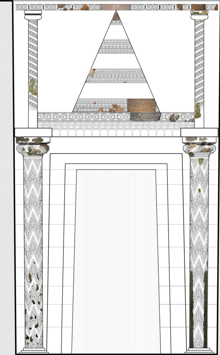 Σχεδιαστική αποκατάσταση του λίθινου διακόσμου της πρόσοψης με την προτεινόμενη θέση των θραυσμάτων που βρίσκονται σήμερα στο Εθνικό Αρχαιολογικό Μουσείο (Μελέτη Μαρίας Κοντάκη).