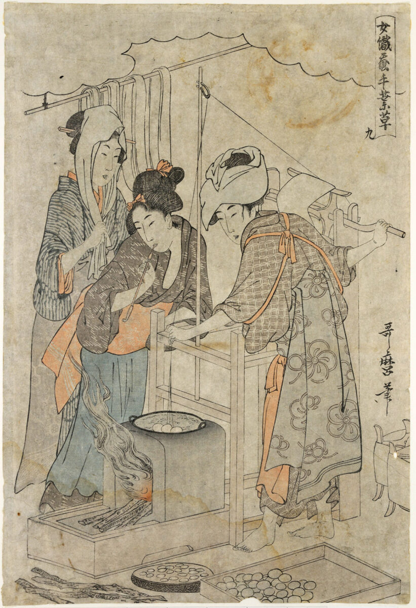 «Ξετυλίγοντας την κλωστή από το κουκούλι», (oban) έγχρωμη ξυλογραφία του Kitagawa Utamaro. © Μουσείο Ασιατικής Τέχνης Κέρκυρας. Πηγή εικόνας: ΠΙΟΠ.