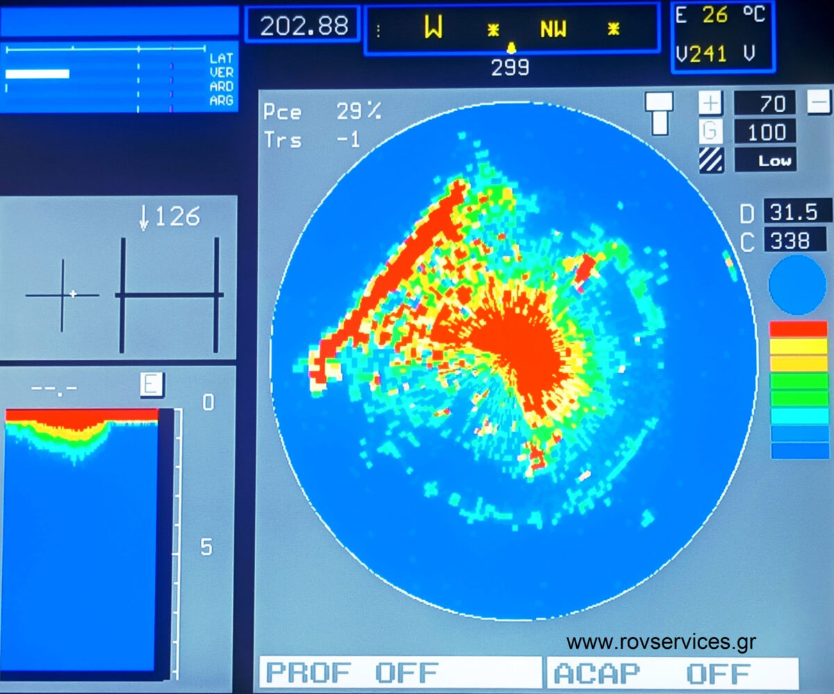 Ηχοβολιστική απεικόνιση του ναυαγίου με Imaging Sonar στα 525 khz που φέρει το υποβρύχιο τηλεκατευθυνόμενο όχημα ROV μαζί του. Διακρίνεται το ναυάγιο του HMS Triumph σε βάθος -202,88 μέτρα. Πηγή εικόνας: ΑΠΕ-ΜΠΕ.