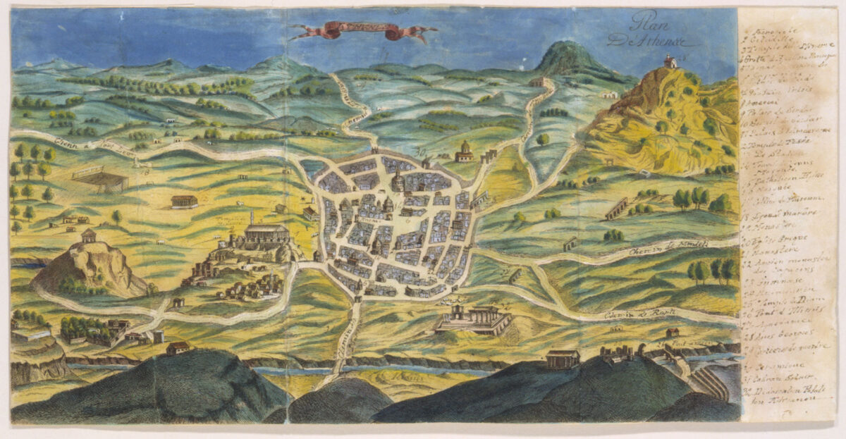 Τοπογραφικός χάρτης των Αθηνών που αποδίδεται στο Τάγμα των Καπουτσίνων Μοναχών, 1670. Επιχρωματισμένη χαλκογραφία. Μουσείο Μπενάκη, ΓΕ 22955.