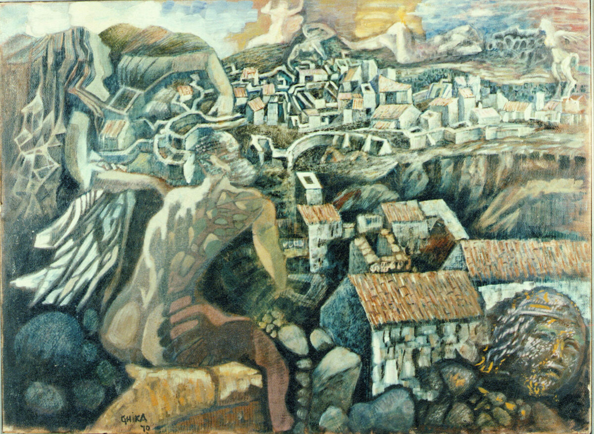 Νίκος Χατζηκυριάκος-Γκίκας, «Genii Loci II», 1970. Λάδι σε καμβά. Μουσείο Μπενάκη. Πινακοθήκη Γκίκα ΠΧΓ 86.
