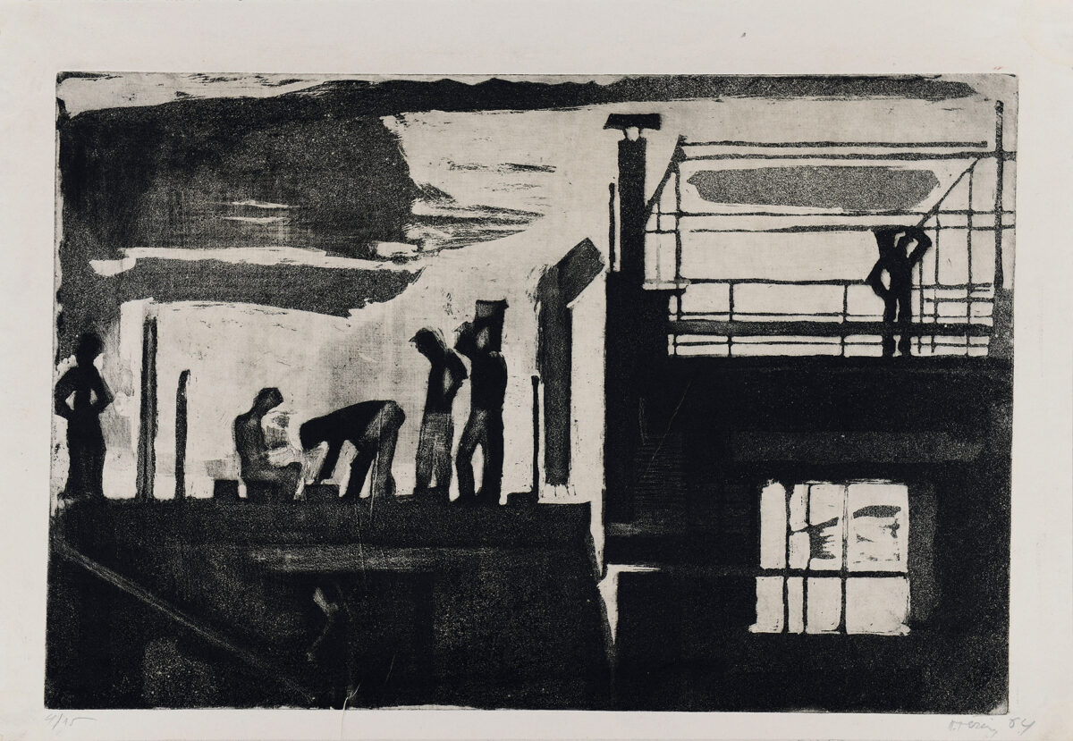 Παναγιώτης Τέτσης, «Οικοδομή», 1964. Χαλκογραφία, ακουατίντα σε χαρτί. Διαστάσεις έργου: 33x50 εκ. (Π.3092).