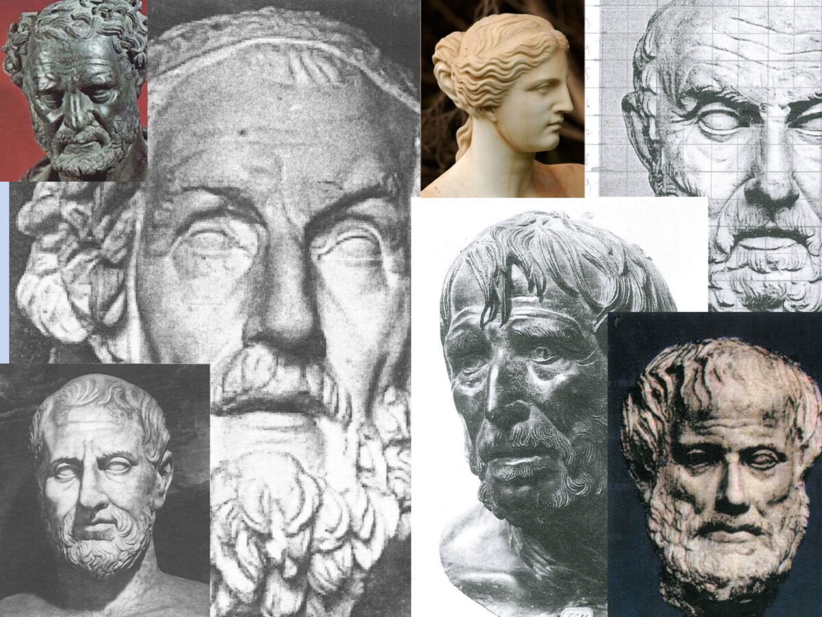 Eικ. 1. Φυσιογνωμίες αρχαιοελληνικών αγαλμάτων θυμίζουν σύγχρονους Έλληνες. Κεφαλή της Αφροδίτης της Μήλου (επάνω) και αντίγραφα κεφαλών ανδριάντων επιφανών: Όμηρος, Ησίοδος, Αριστοτέλης, Θεόφραστος, Χρύσιππος, Άγνωστος φιλόσοφος (σχεδιασμός: Ε. Σαραντέα).
