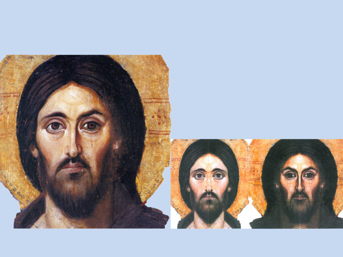 Eικ. 25. Εγκαυστική εικόνα του Χριστού Παντοκράτορα Μονής Σινά (6ος αι.). Δεξιά, τα δύο διαφορετικά πρόσωπα που συνθέτουν τη μορφή του Χριστού (σχεδιασμός: Ε. Σαραντέα). Συγκριτικά, βλ. εικ. 8.