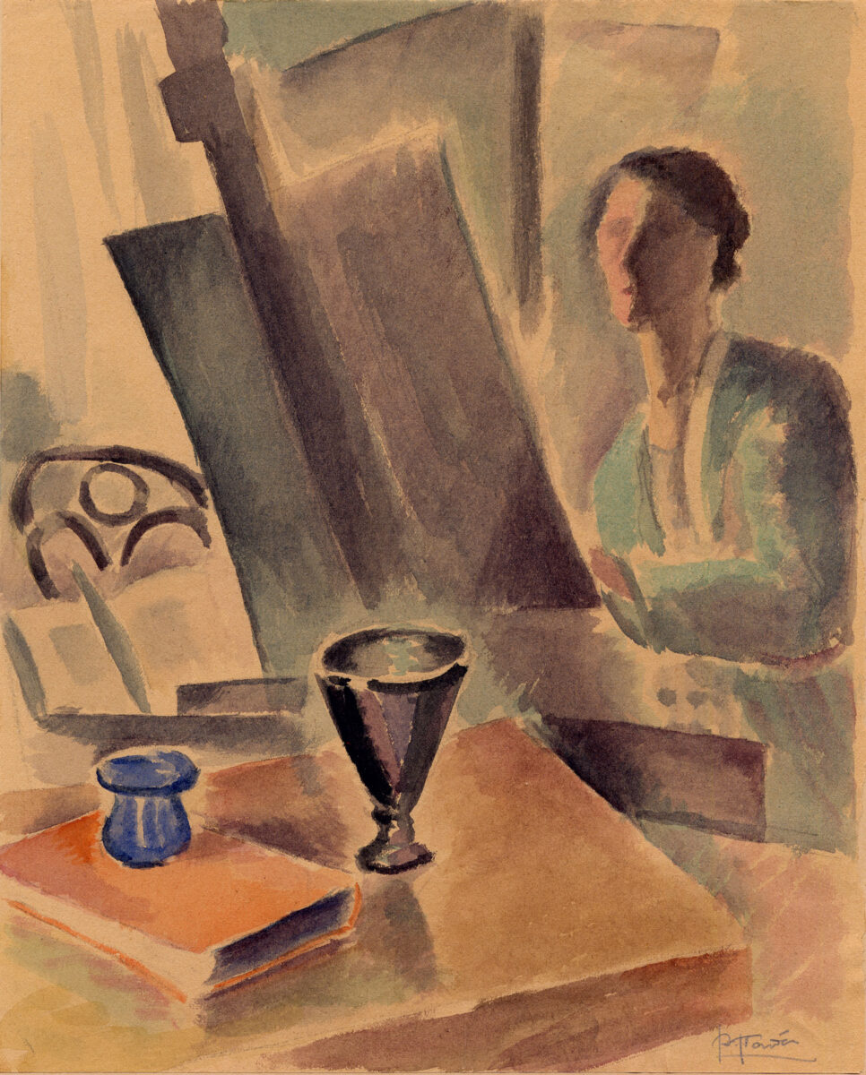 Αγλαΐα Παπά (1903-1984), «Γυναίκα στο καβαλέτο», υδατογραφία, 30x24 εκ.