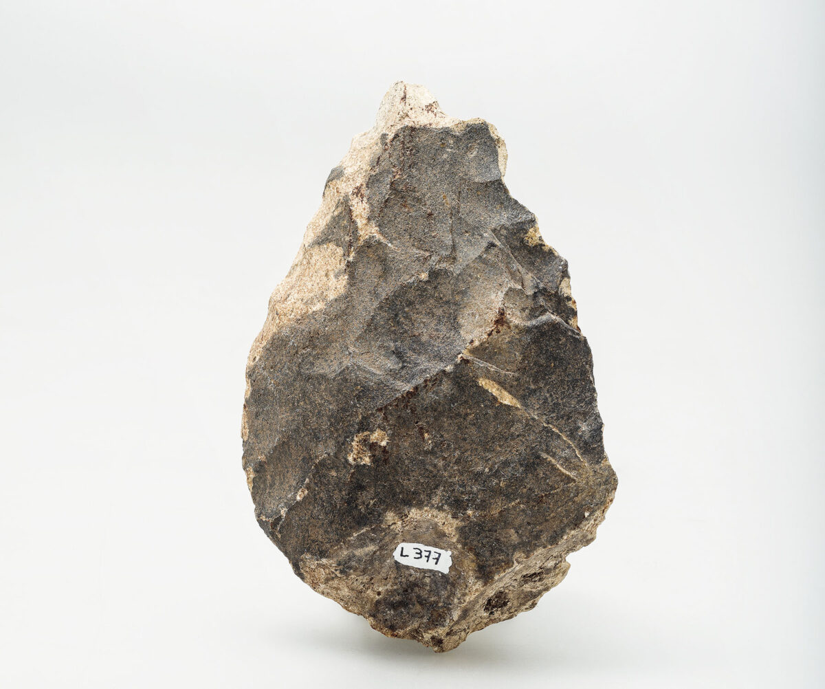 Χειροπέλεκυς με μικρό σπάσιμο στο άνω άκρο σε φολίδα, Λισβόρι – Θερμές Πηγές, Λέσβος, ελάχιστη ηλικία 300.000- 200.000 χρόνια. Διαγενετικός πυριτόλιθος. Ανασκαφή Πανεπιστημίου Κρήτης. © ΕΦΑ Λέσβου, Αρχαιολογικό Μουσείο Μυτιλήνης, αρ. εισ. ΠΛΘ55. Φωτ.: Βασίλης Τσώνης.