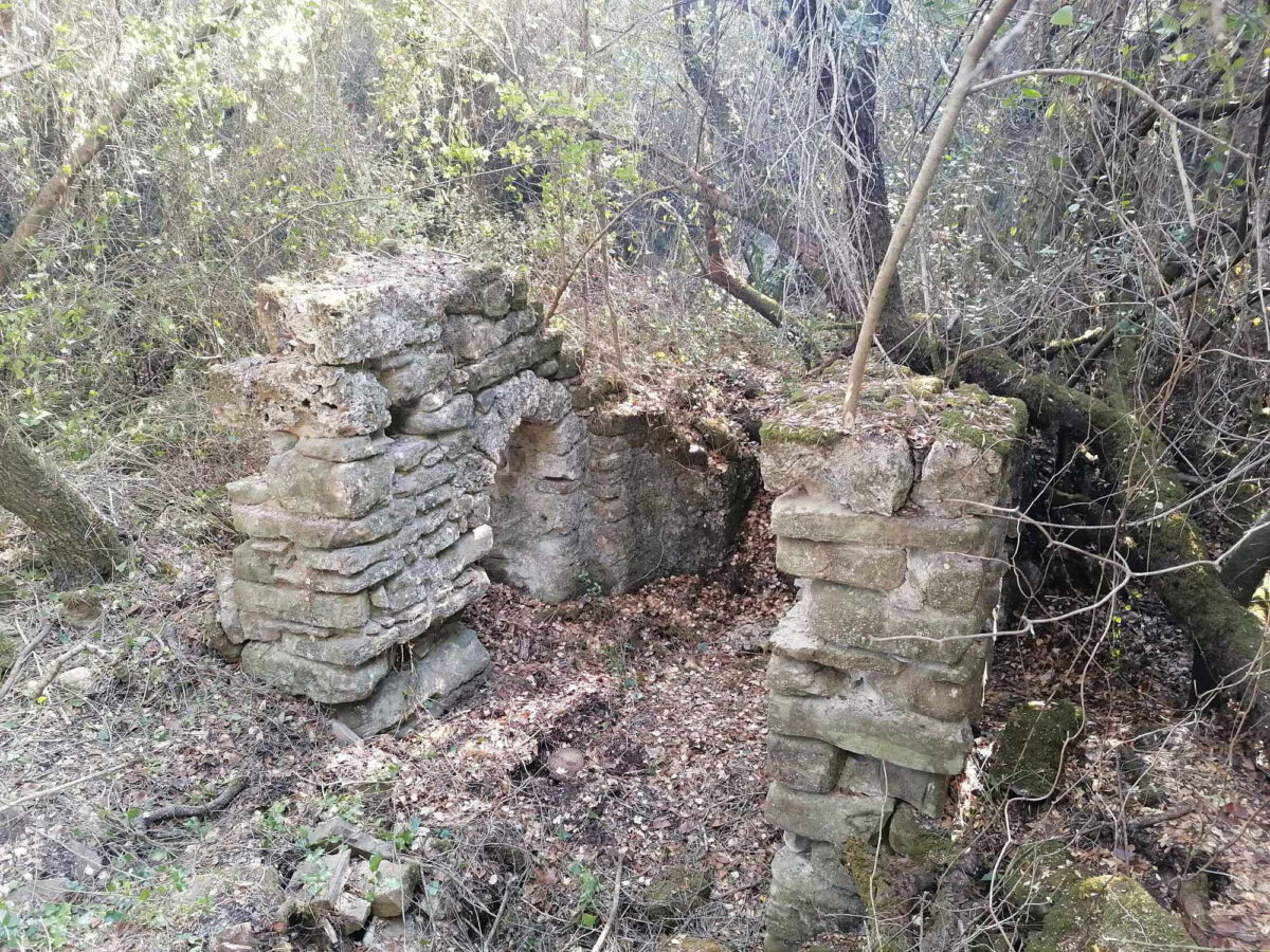 Αρχιτεκτονικά κατάλοιπα της βυζαντινής εκκλησίας που βρίσκεται σε πυκνή δασώδη περιοχή πάνω από το σύμπλεγμα βράχων του σπηλαίου. Πηγή εικόνας: Ινστιτούτο Πολιτισμού Μεσσηνίας.