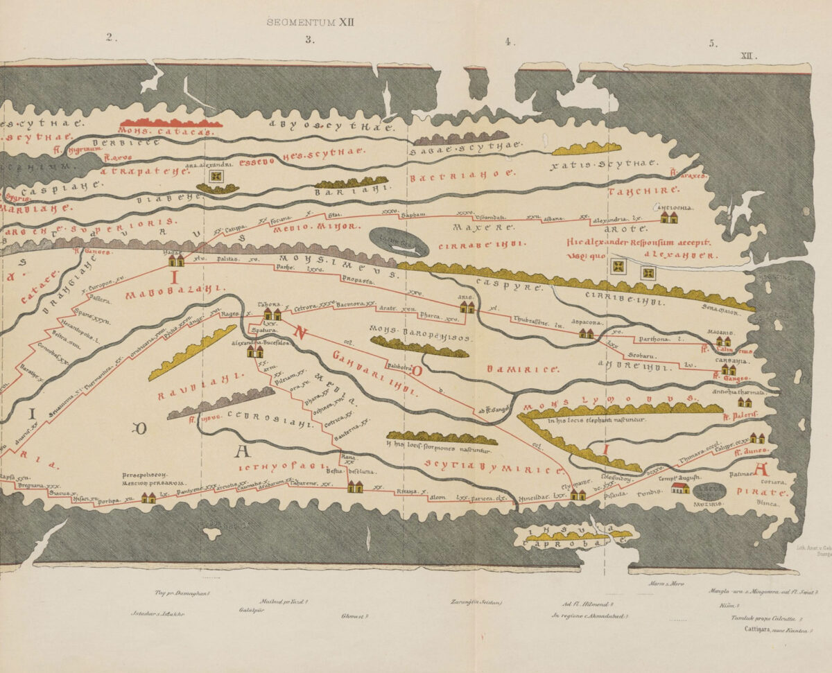 Η Μουζίρις εμφανίζεται και στη λεγόμενη Tabula Peutingeriana, ένα περγαμηνό αντίγραφο του 13ου αιώνα ενός χάρτη της Ρωμαϊκής περιόδου. Πηγή εικόνας: Βικιπαίδεια.