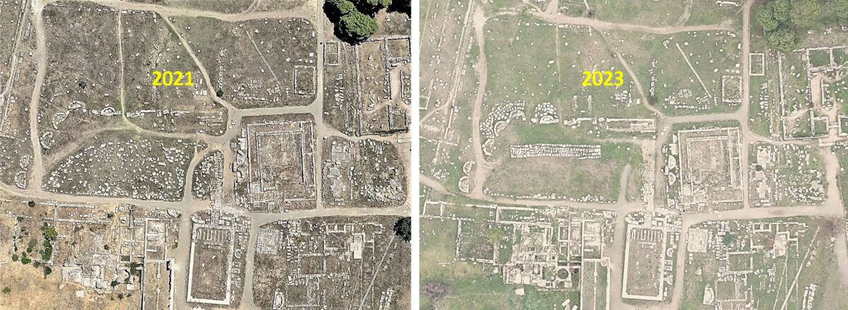 Η κεντρική πλατεία του Ασκληπιείου, πριν και μετά τις εργασίες 2022-2023. Πηγή εικόνας: ΥΠΠΟ.