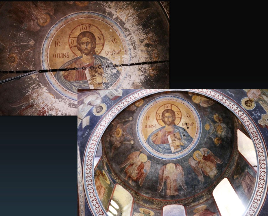 Τοιχογραφίες στον ναό της Αναστάσεως. Πριν και μετά τη συντήρηση. Πηγή εικόνας: ΥΠΠΟ.