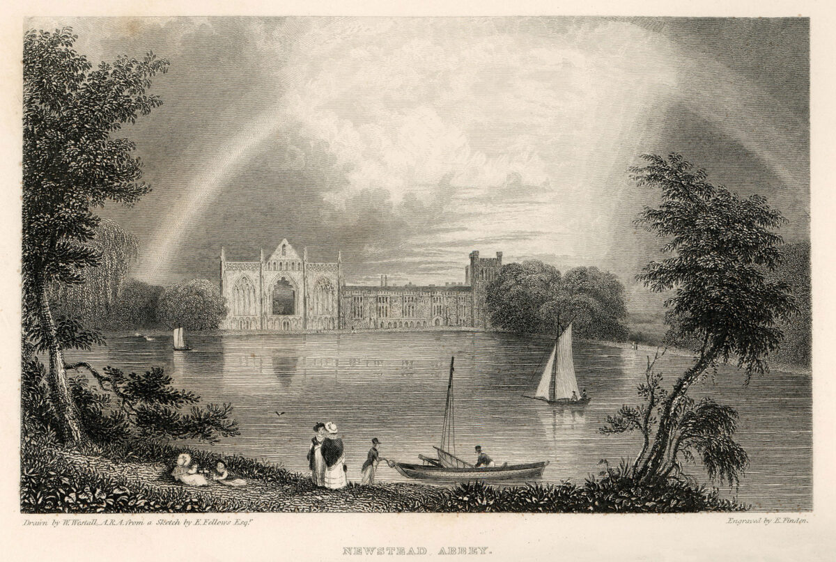 Το Αββαείο του Νιούστεντ, προγονικό κτήμα των Μπάιρον. Χαλκογραφία του Έντουαρντ Φίντεν (1833). Βυρωνική Εταιρεία Ιεράς Πόλεως Μεσολογγίου.